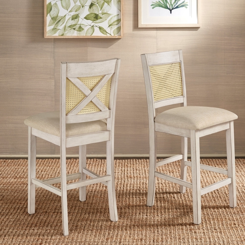 Counter Stool with Distressed Antique White Finish and X-Back Cane Panel