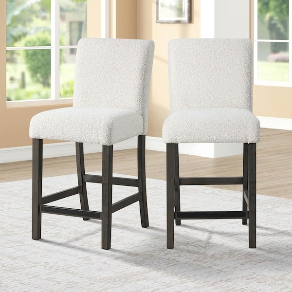 Counter Stool with White Boucle Texture and Dark Wood Legs