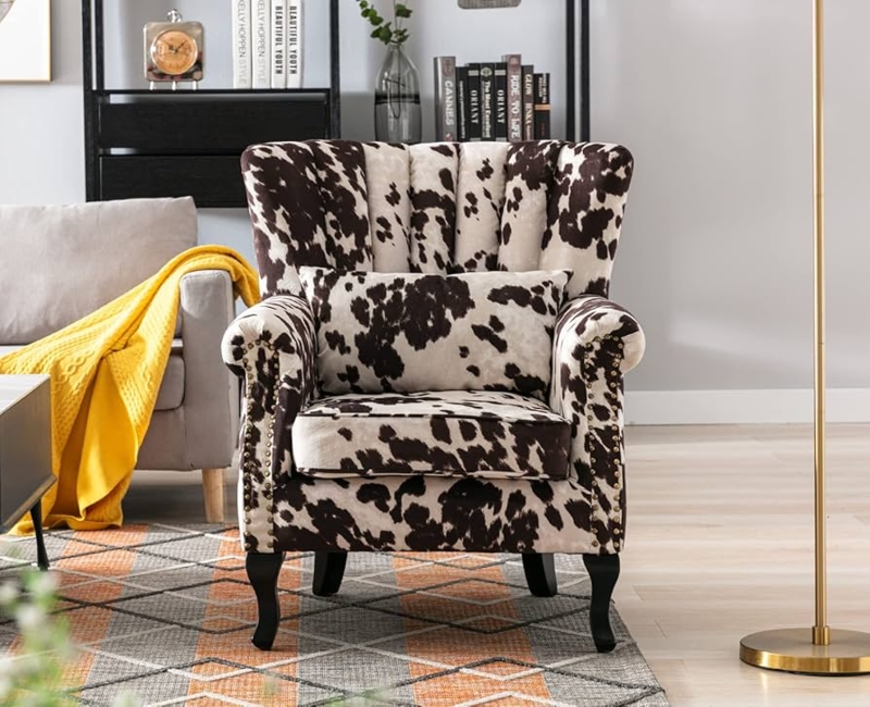 Cow Print Wingback Accent Chair Channel Tufted Nailhead Trim