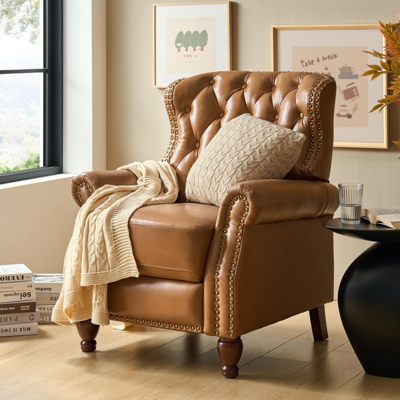 Cozy Reading Corner Chair, Camel Wingback with Nailhead Decoration