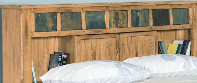 Craftsman Bookcase Headboard with Stone-Like Tile Inlays and Metal Studs