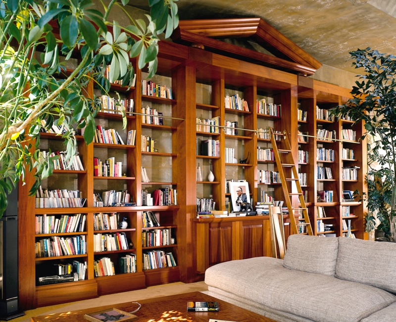 Craftsman Style Built-In Bookcase with Pediment Crown and Library Ladder