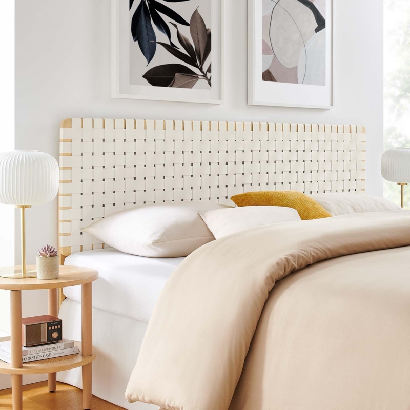 Cream Basketweave Headboard Woven Straps Modern Minimalist Style
