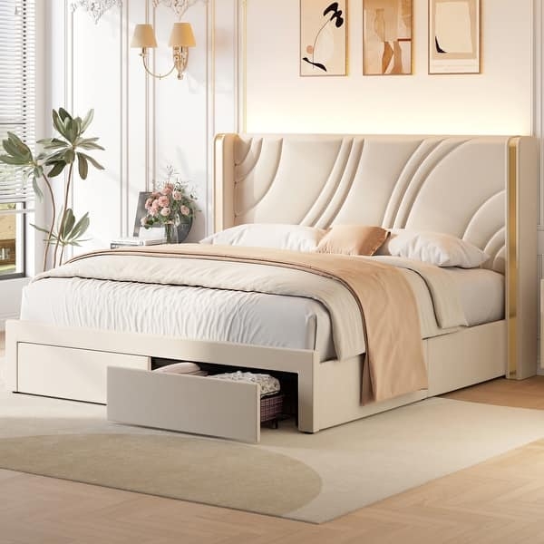Cream Bed Frame with Wave Channeling Gold Trim and Storage Drawers