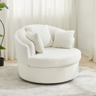 Cream Boucle Oversized Swivel Barrel Chair with Matching Pillows