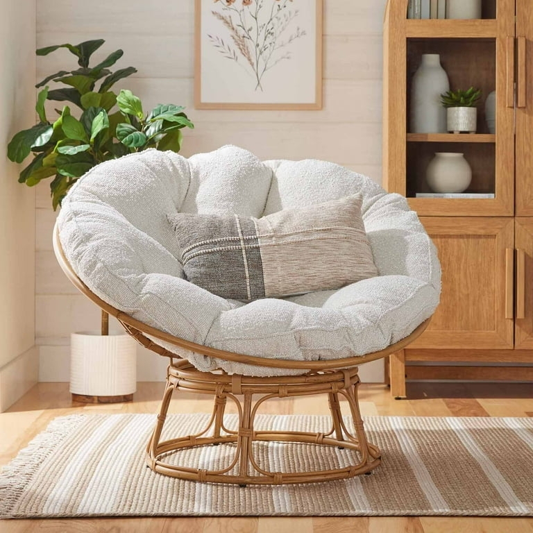 Cream Boucle Papasan Chair with Rattan Pedestal, Cozy Reading Nook Seating
