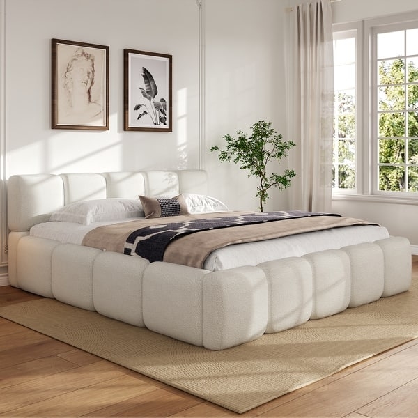 Cream Boucle Platform Bed Floor Base Block Style Upholstery