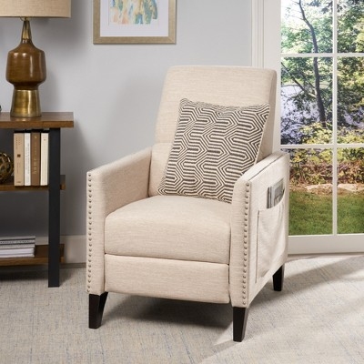 Cream Fabric Push-Back Recliner with Convenient Side Pocket