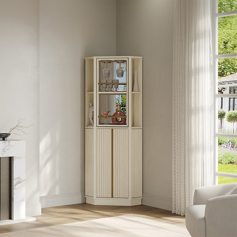 Cream Farmhouse Corner Bar Cabinet with Ribbed Cabinet Doors