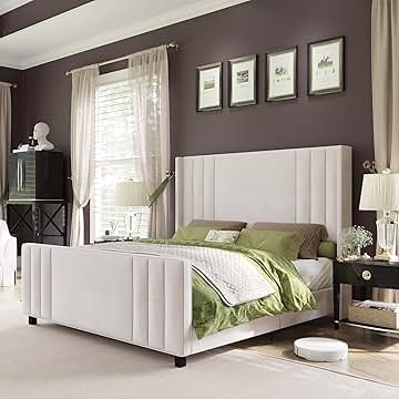 Cream King Bed With Footboard, Channel Tufted Headboard