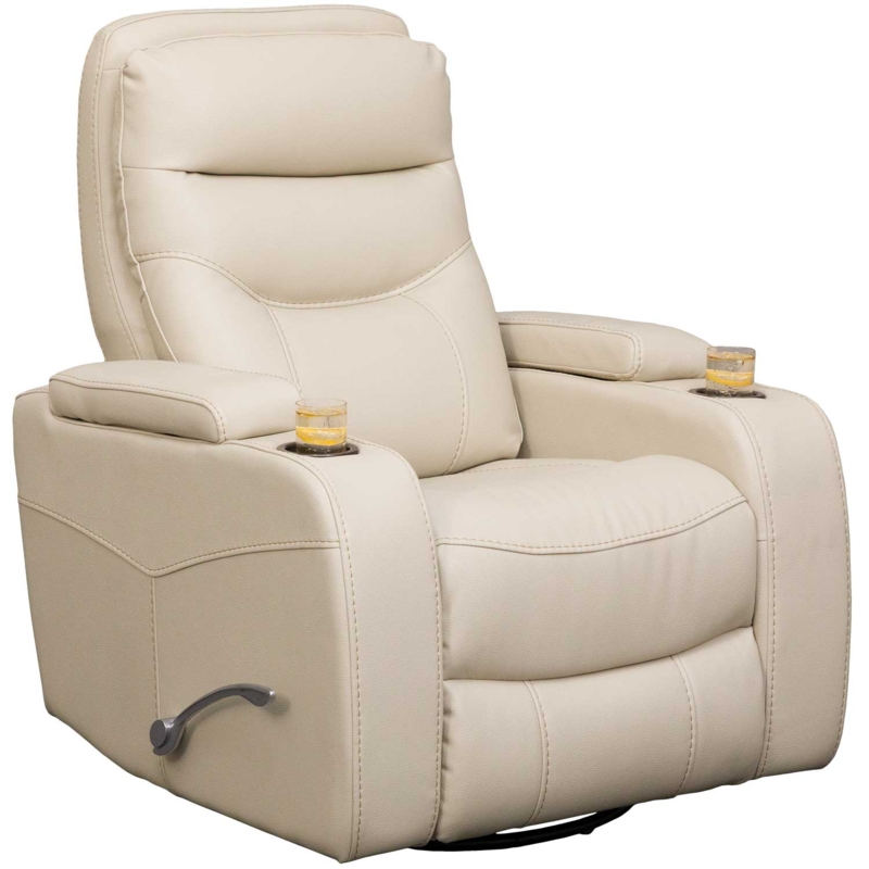 Cream Leather-Like Swivel Recliner with Integrated Cup Holders