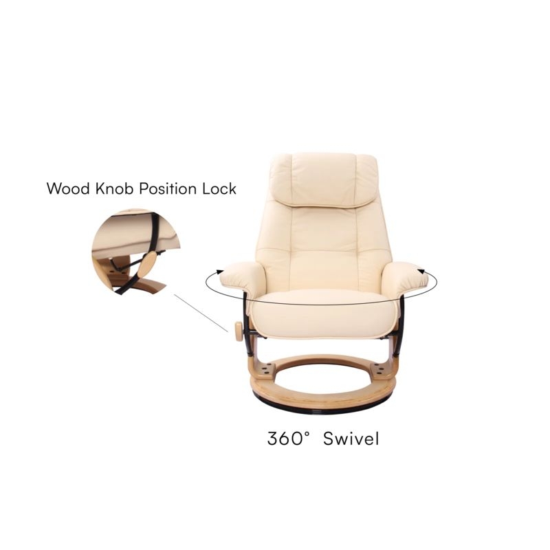 Cream Leather-Like Swivel Recliner with Wood Knob Lock Base