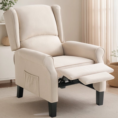 Cream Linen-like Wingback Pushback Recliner with Tapered Legs