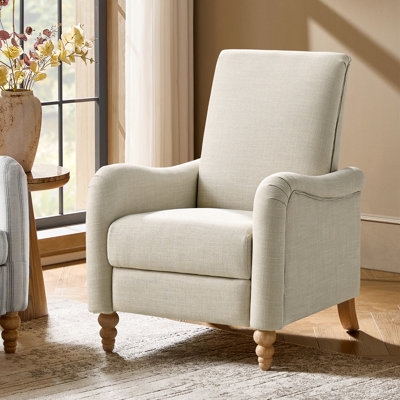 Cream Manual Recliner with Turned Wood Spindle Legs