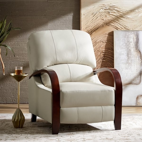 Cream Mid-Century Modern Recliner with Curved Wooden Arms
