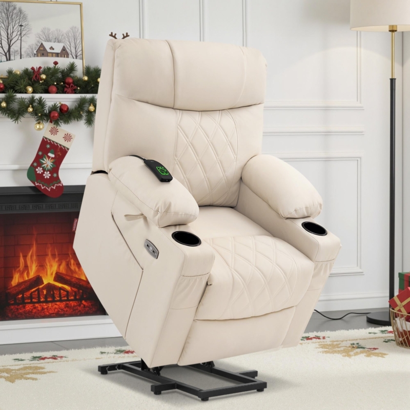 Cream Power Lift Recliner with Diamond Quilting and Cup Holders