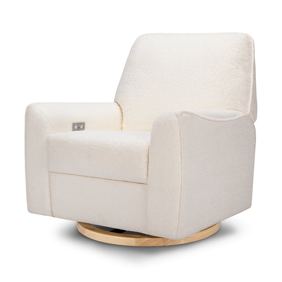 Cream Power Recliner with Wood Swivel Base and Boucle Texture