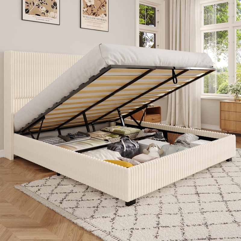 Cream Storage Bed with Hydraulic Lift & Ribbed Wingback Headboard