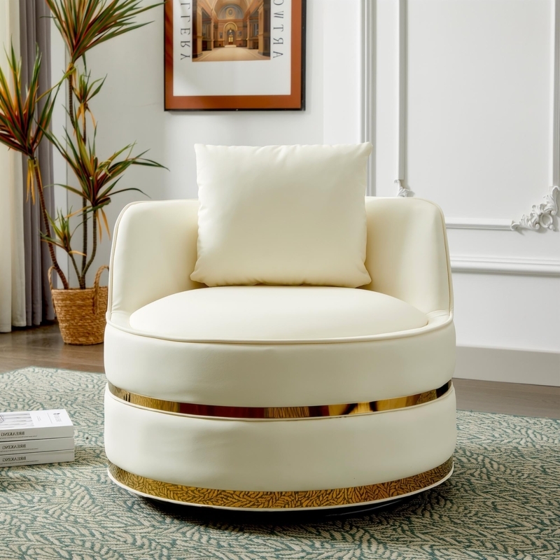 Cream Swivel Barrel Chair accented with Double Gold Metallic Bands