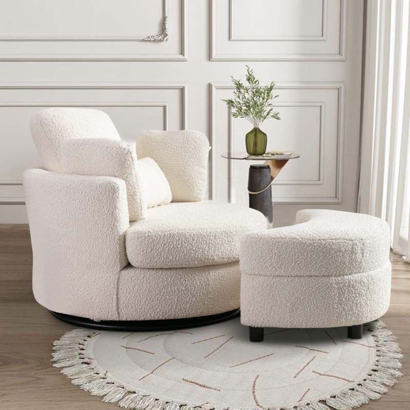 Cream Swivel Chair With Barrel Back And Ottoman
