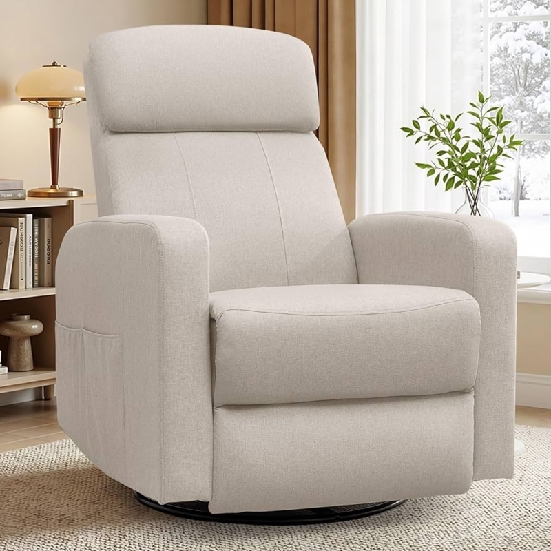 Cream Swivel Recliner Chair with Side Pocket Nursery Glider