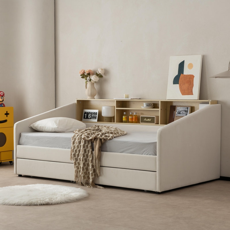 Cream Twin Daybed Drawers, Upholstered with Shelf Headboard, Sloped Arms