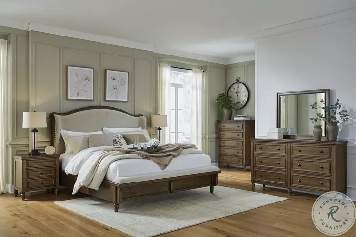 Cream Upholstered Bed with Dark Wood Border and Channel Tufting