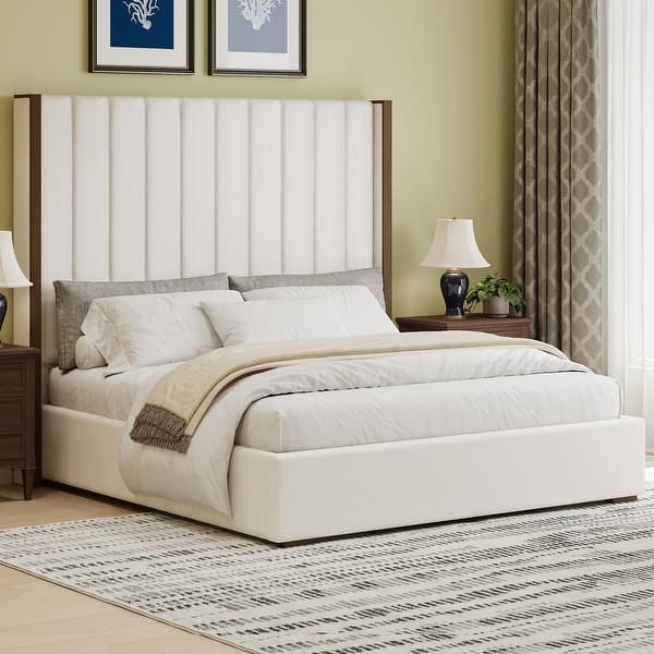 Cream Upholstered Bed with Extra-Tall Vertical Channel Tufting