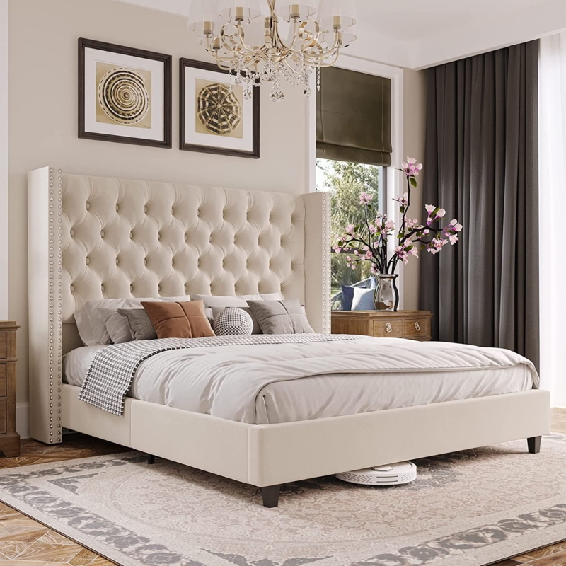 Cream Upholstered Bed with Wingback Silhouette and Nailhead Trim