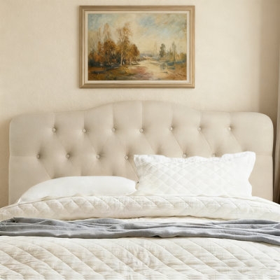 Cream Upholstered Camelback Headboard with Traditional Button Tufting