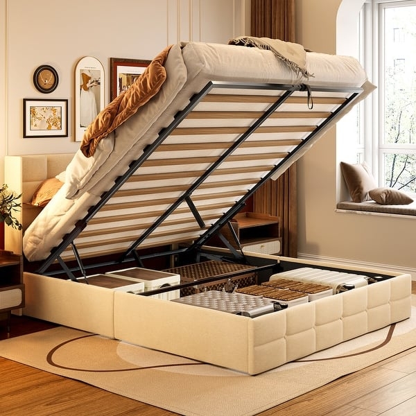 Cream Upholstered Hydraulic Lift Storage Bed Square Tufted