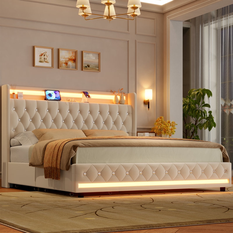 Cream Upholstered Wingback Bed with Crystal Button Tufting and LED
