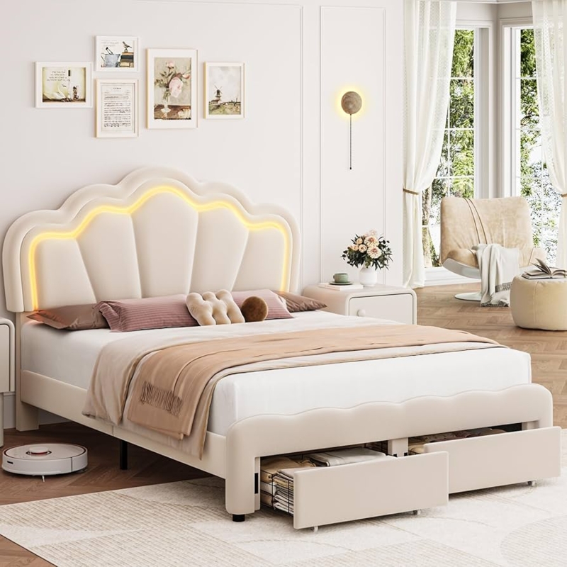 Cream Velvet Platform Bed with Scalloped LED Headboard & Drawers