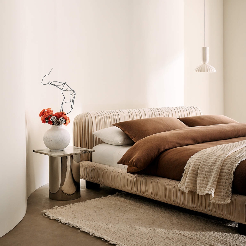 Cream Velvet Upholstered Bed with Sculptural Wrap Around Headboard