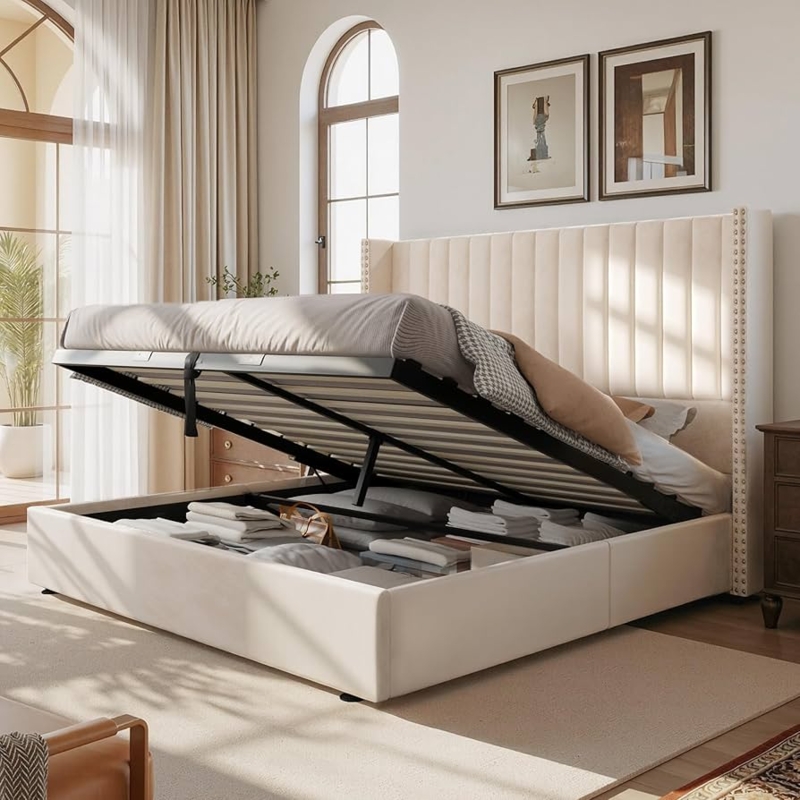 Cream Velvet Upholstered Storage Bed with Channel Tufted Wingback