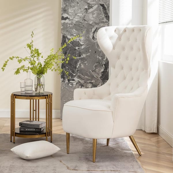 Cream Velvet Wingback Chair Deep Diamond Tufting Gold Legs