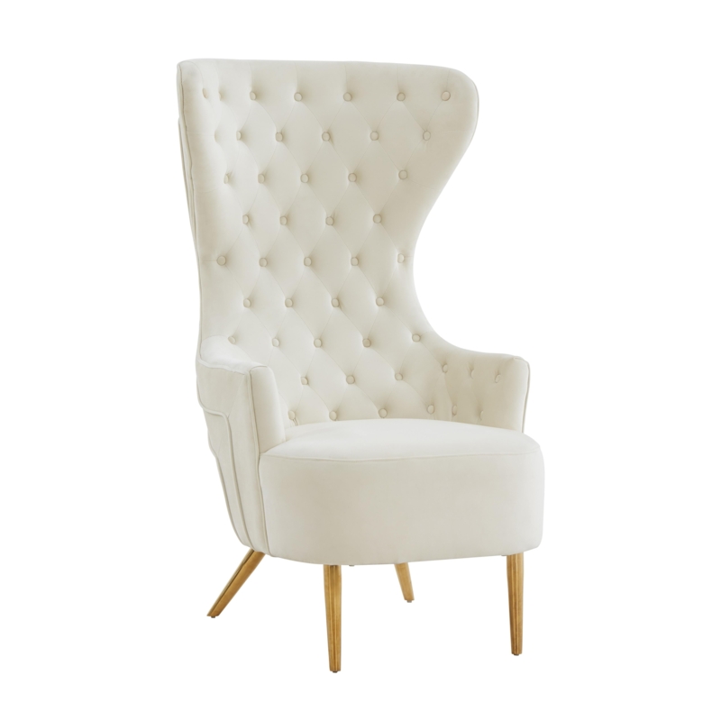 Cream Velvet Wingback Chair Extra Tall Back Diamond Tufted Gold Legs