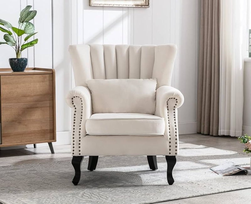 Cream Wingback Accent Chair featuring Channel Tufting Details