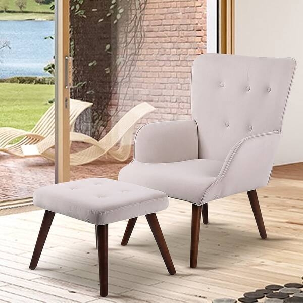Cream Wingback Chair Set Mid Century Button Tufted Wood Legs