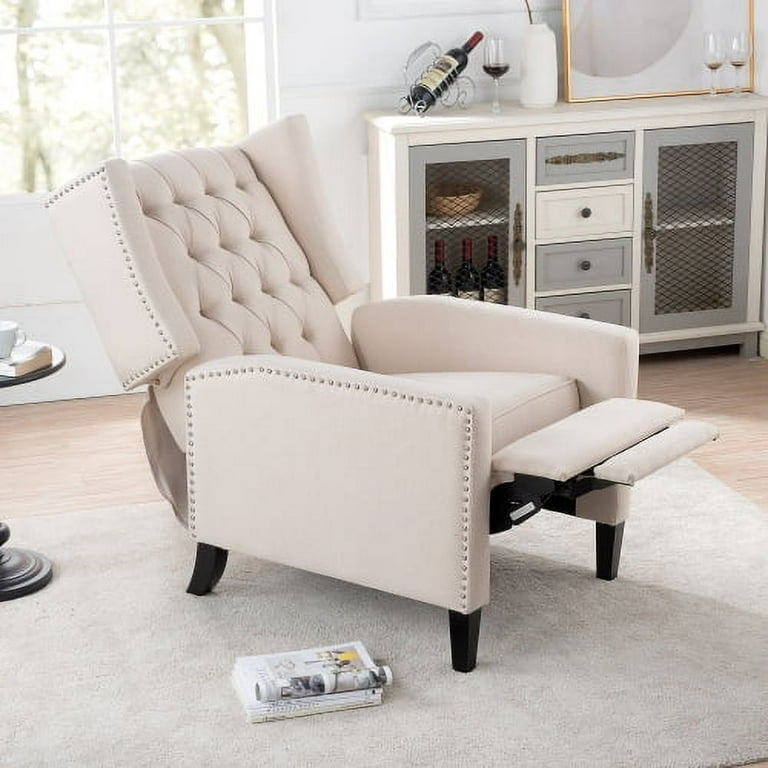 Cream Wingback Recliner with Silver Nailhead Trim and Farmhouse Style