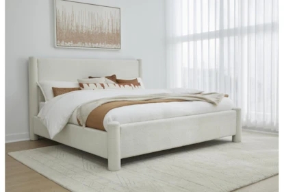 Creamy White Platform Bed Chunky Cylindrical Legs Wingback
