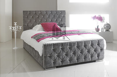 Crystal Button Bed Frame, Grey Crushed Velvet with Diamond Tufting