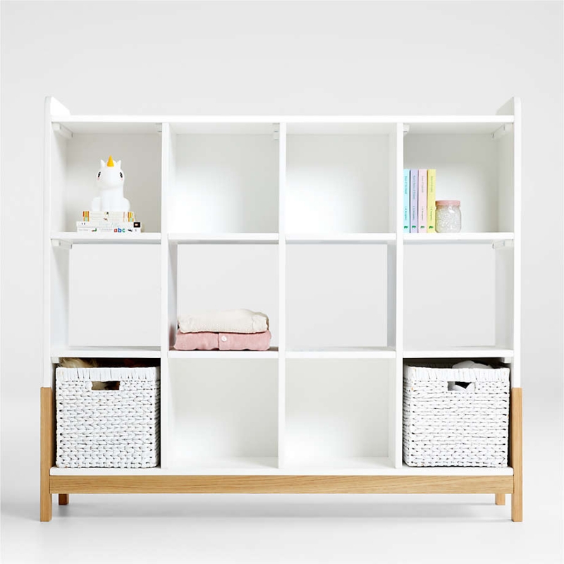 Cube Bookcase White Matte Finish Natural Wood Recessed Base
