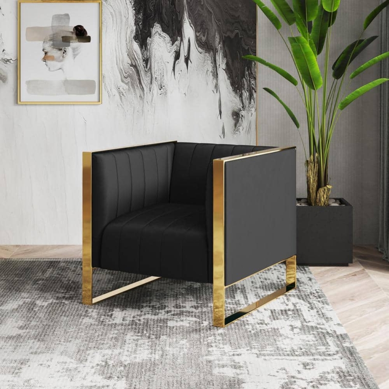 Cubic Accent Chair with Vertical Channel Tufting in Polished Gold Frame