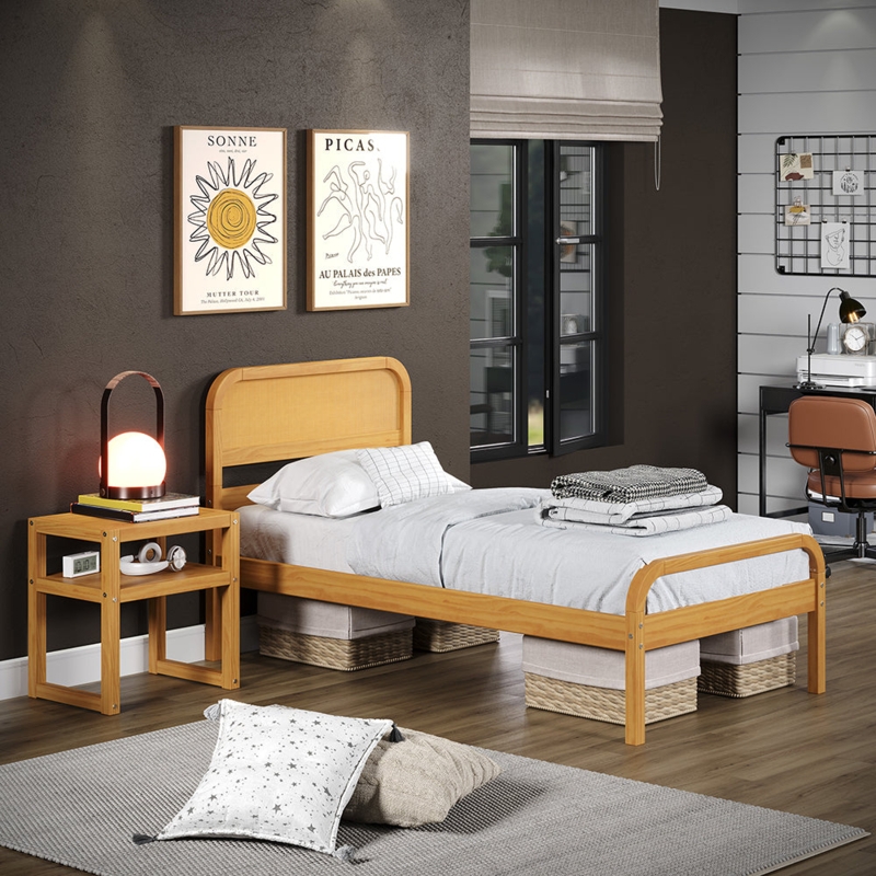 Curved Rattan Twin Bed Natural Wood Frame Bohemian Style