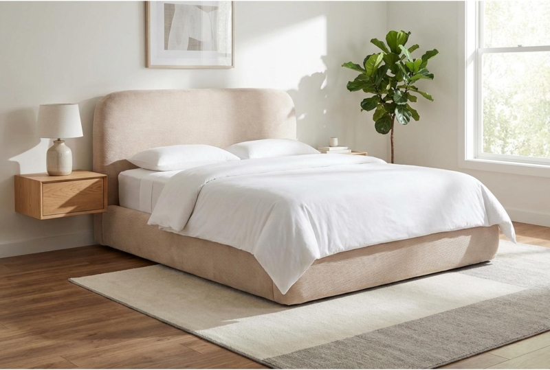 Curved Upholstered Bed With Beige Platform Frame