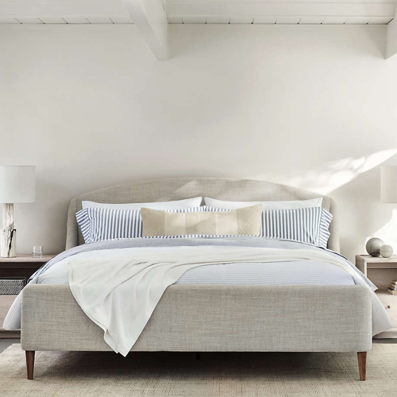 Curved Upholstered Bed with Tapered Wood Legs, Oatmeal Linen Fabric