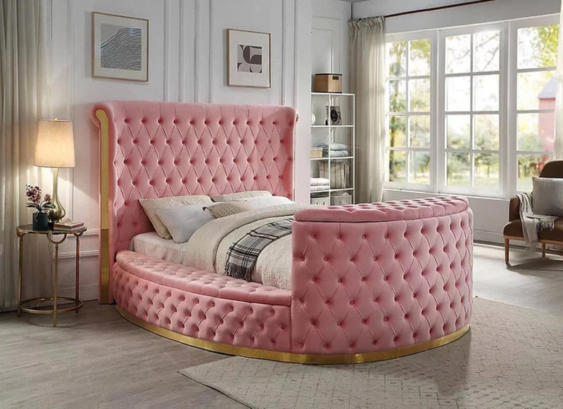 Curved Velvet Footboard Bed with Gold Trim Base and Wingback