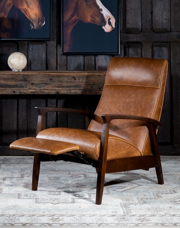 Curved Wood Arm Recliner in Cognac Leather with Rustic Finish