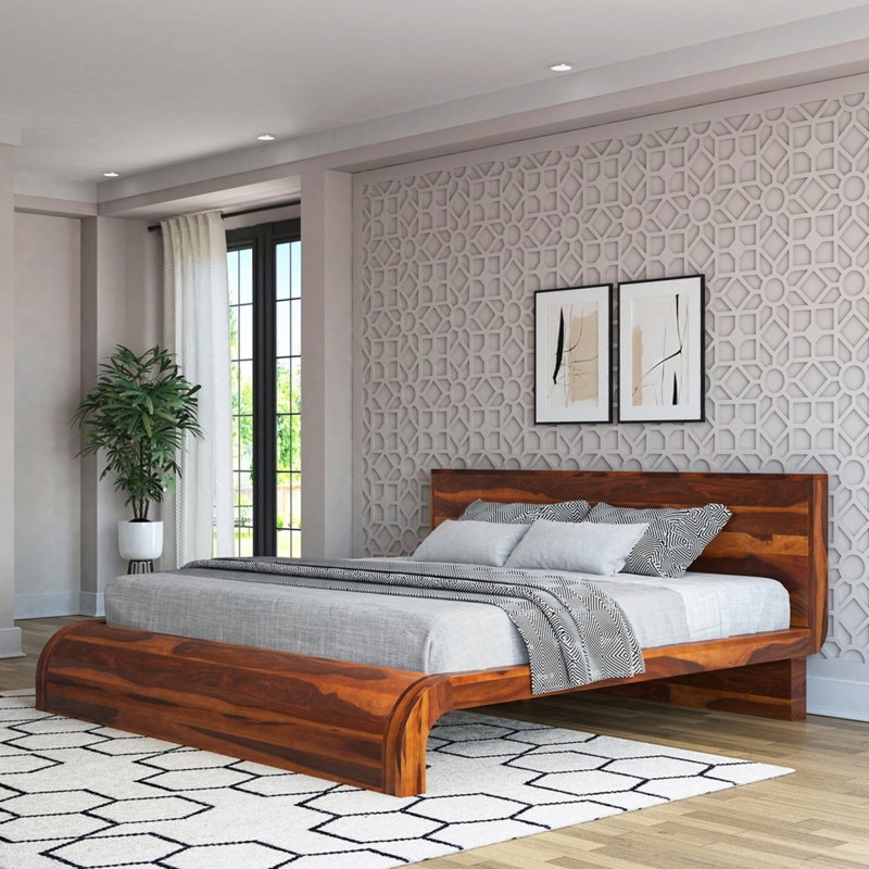 Curved Wood Platform Bed with Sculptural Footboard Design